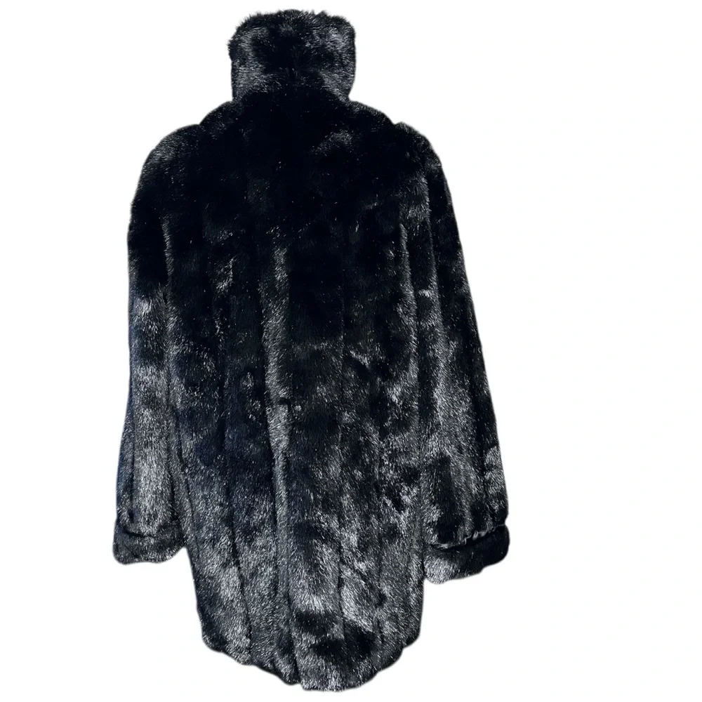 DENNIS BASSO VINTAGE 90s Black Faux Fur Plush Mid-Length Coat Jacket SZ:L - Picture 6 of 12